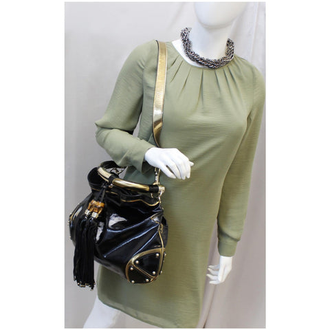 GUCCI Indy Babouska Leather Top Handle Shoulder Bag Black 185566