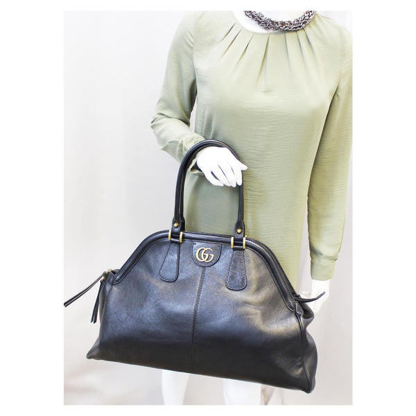 GUCCI Rebelle Top Handle Black Leather Satchel Handbag-US