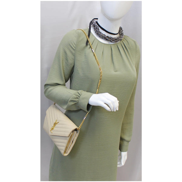 YVES SAINT LAURENT Matelasse Chevron Grain De Poudre Envelope Chain Wallet Beige