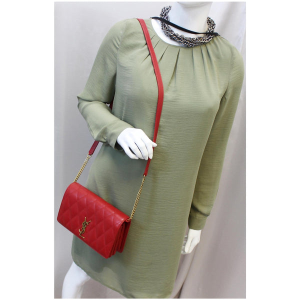 YVES SAINT LAURENT Angie Chain Diamond Quilted Lambskin Shoulder Bag Red