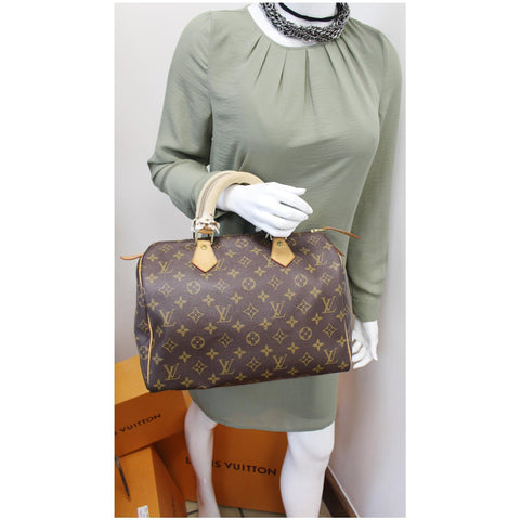 LOUIS VUITTON Speedy 30 Monogram Canvas Satchel Bag Brown