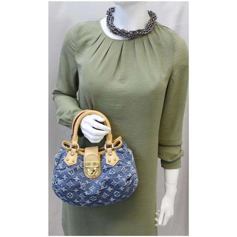 LOUIS VUITTON Pleaty Monogram Denim Satchel Bag Blue
