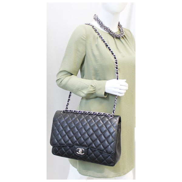 CHANEL Maxi Caviar Leather Jumbo Double Flap Shoulder Bag Black-US
