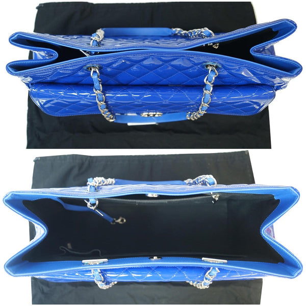 CHANEL Large Coco Shine Patent Quilted Leather Shopping Tote Blue