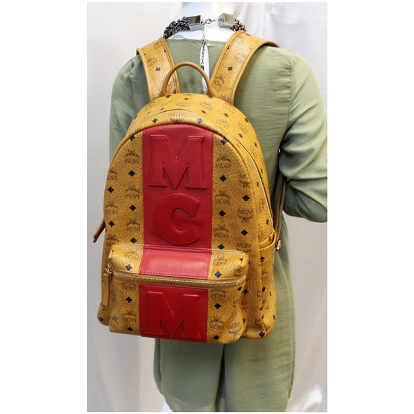 MCM Visetos Medium Stark Logo Stripe Backpack Cognac Red