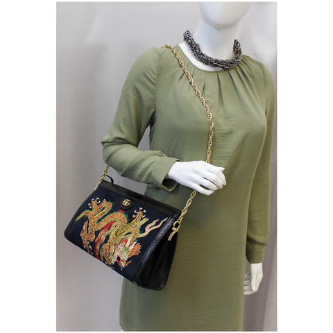 GUCCI Ophidia Dragon Embroidered Suede Leather Shoulder Bag Blue