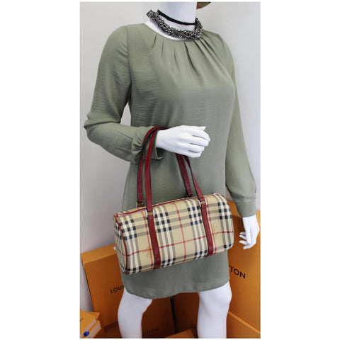 BURBERRY Barrel Haymarket Check Coated Canvas Shoulder Bag Red