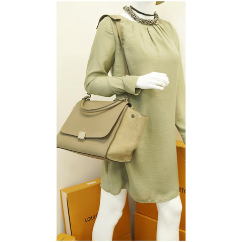 CELINE Trapeze Souris Small 2way Leather Tote Shoulder Bag Taupe