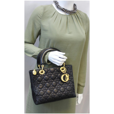 CHRISTIAN DIOR Mini Lady Dior Lambskin Cannage Satchel Bag Black-US