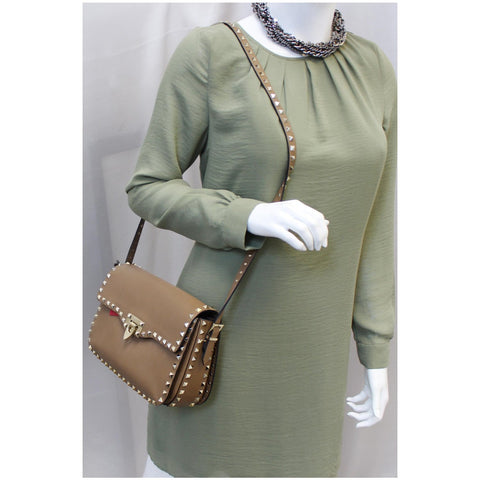 Valentino Rockstud Flap Leather Crossbody Bag Beige-US