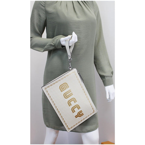 GUCCI GUCCY Star Print Leather Clutch Bag White 510489
