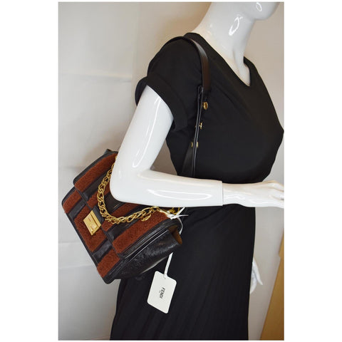 FENDI Kan U Medium Shearling Patent Leather Shoulder Bag Brown