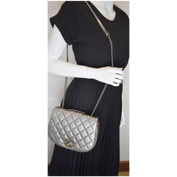 CHANEL Casual Pocket Flap Caviar Messenger Shoulder Bag Silver