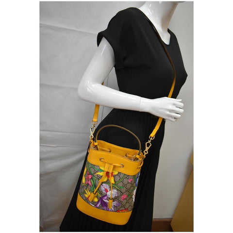 Gucci Ophidia Flora Small GG Canvas Bucket Bag Yellow