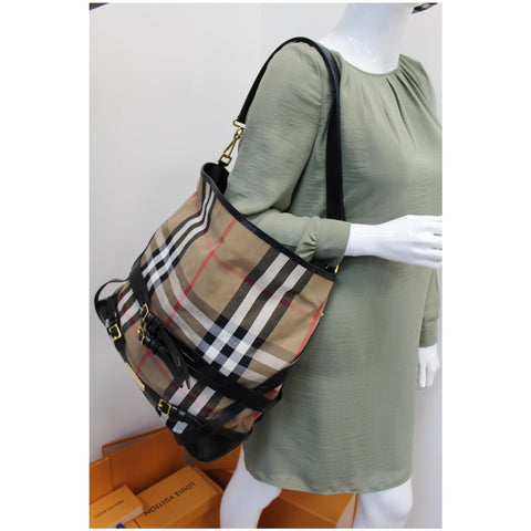 BURBERRY Bridle House Check Canvas Gosford Hobo Bag Black