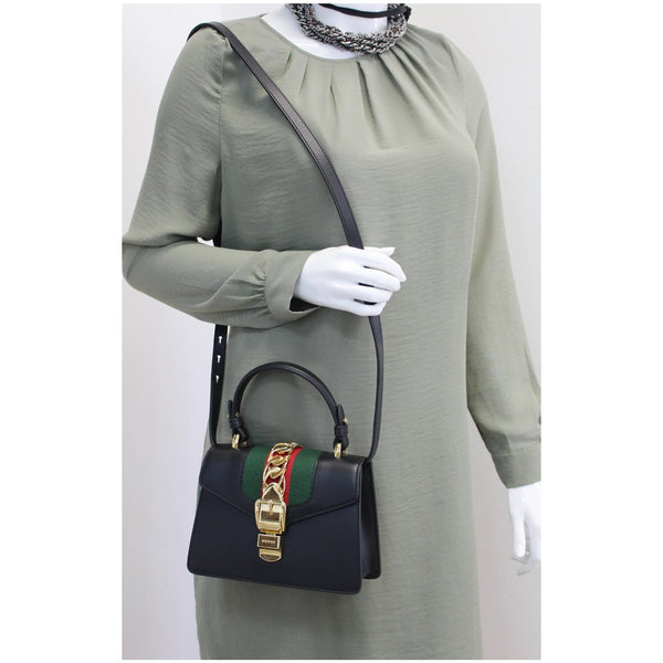 GUCCI Sylvie Mini Leather Crossbody Bag Black 470270