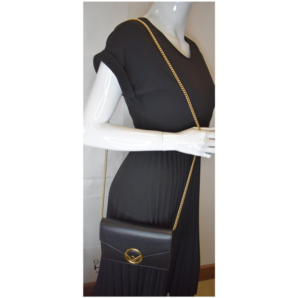 FENDI Vitello F is Envelope Leather Wallet on Chain Crossbody Bag Black