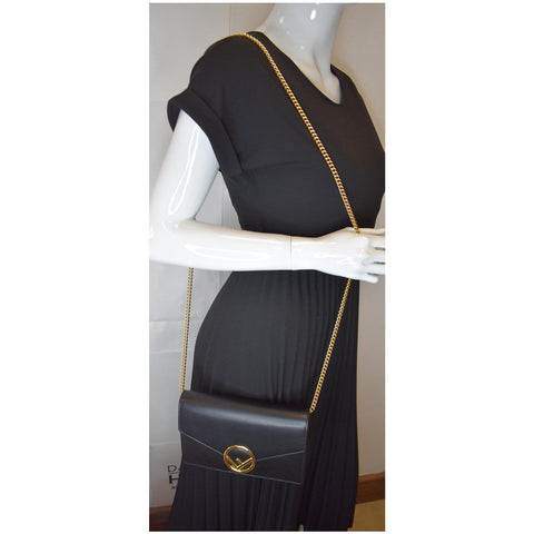 FENDI Vitello F is Envelope Leather Wallet on Chain Crossbody Bag Black