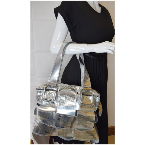 FENDI Crossword Metallic Perforated Leather Shoulder Bag Silver