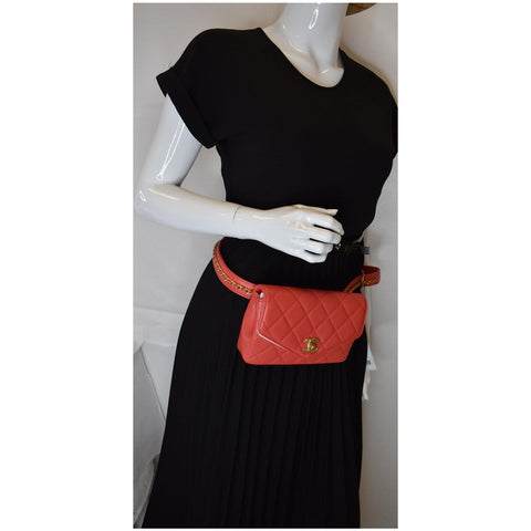 CHANEL Quilted Flap Calfskin Leather Chain Belt Waist Bag Red