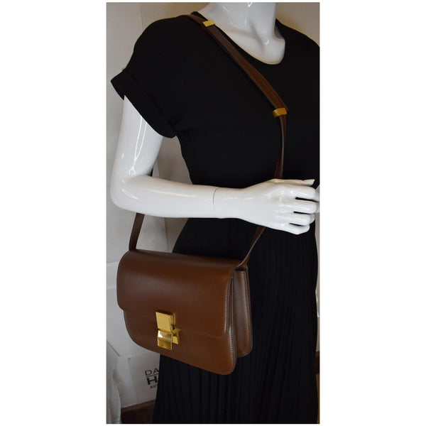 CELINE Medium Classic Box Calfskin Flap Crossbody Bag Brown
