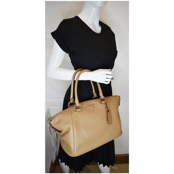 PRADA Inchiostro Vitello Daino Leather Double Handle Satchel Bag Tan