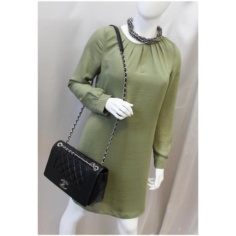 CHANEL Mademoiselle Vintage Flap Sheepskin Leather Shoulder Bag Black