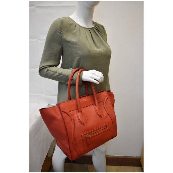 CELINE Drummed Mini Luggage Calfskin Leather Tote Bag Red