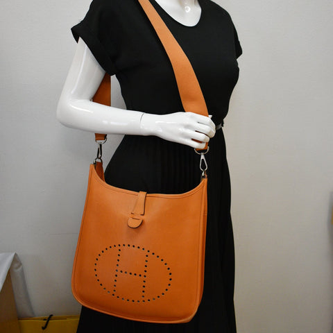 HERMES Evelyne PM Clemence Leather Crossbody Bag Orange