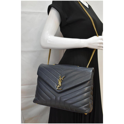 YVES SAINT LAURENT Medium Loulou Matelasse Leather Chain Shoulder Bag Dark Smog