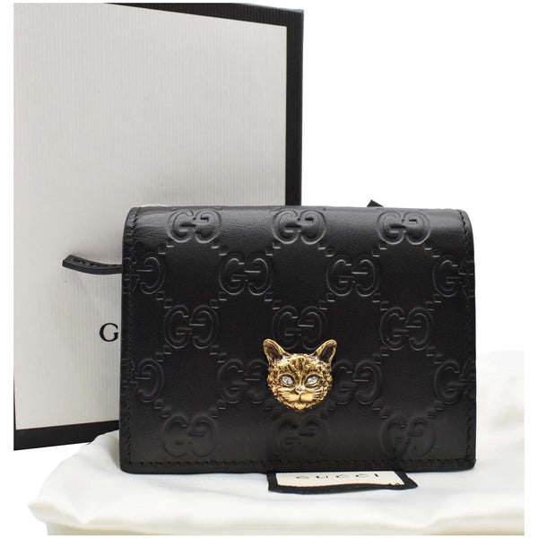 GUCCI Crystal Cat Guccissima Leather Card Case Wallet Black 548057