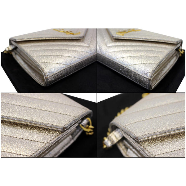 YVES SAINT LAURENT Chevron Leather Chain Wallet Shoulder Bag Silver