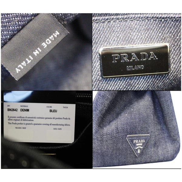 Prada Canapa Jeweled 2way Tote Bag in Denim-Logo View