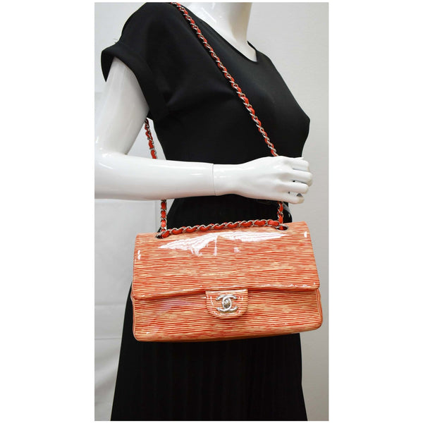 Chanel Medium Double Flap Striped Patent Leather Bag