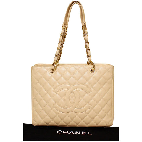 CHANEL Grand Shopping Caviar Leather Tote Shoulder Bag Beige