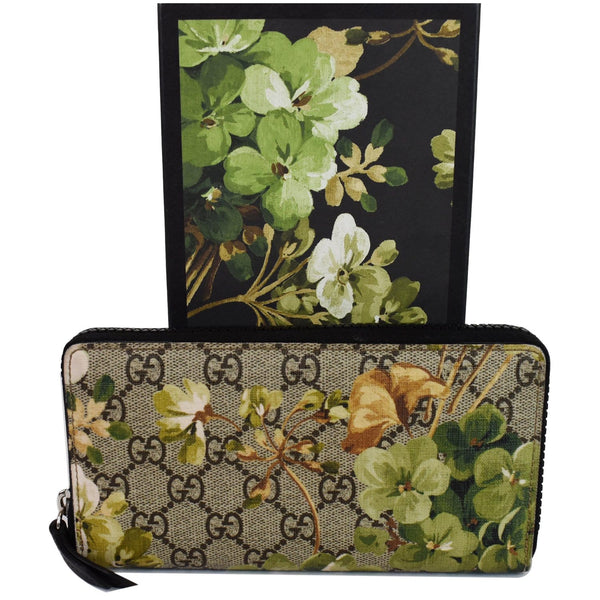 Gucci Blooms Zip Around GG Canvas Wallet Women Beige - green printed