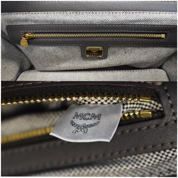 MCM Kathy Visetos Logo Printed Leather Tote Shoulder Bag Grey