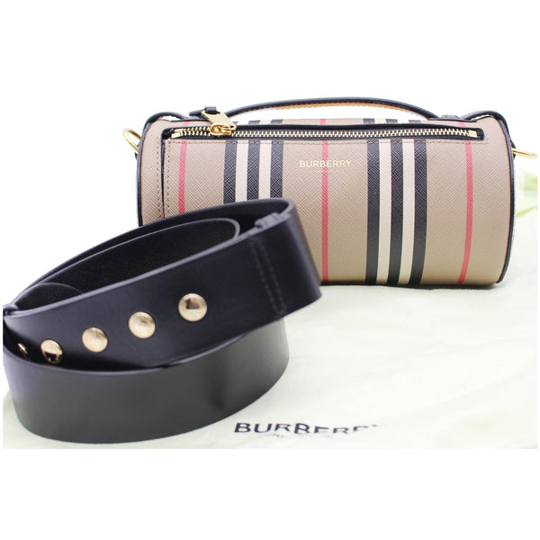 BURBERRY Icon Stripe E-canvas Leather Barrel Shoulder Bag Beige