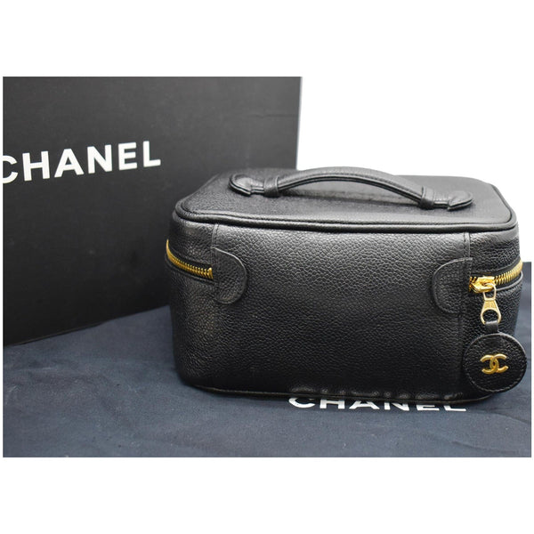 CHANEL Vintage Vanity Case Leather Chain Cosmetic Bag Black