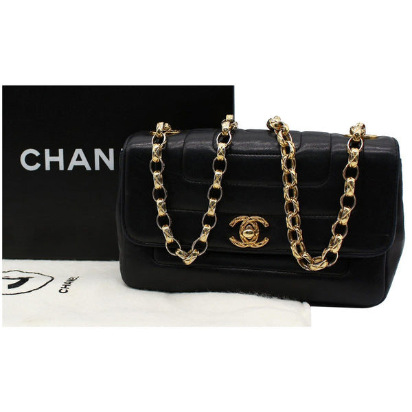 CHANEL Vintage Border Flap Lambskin Shoulder Bag Black