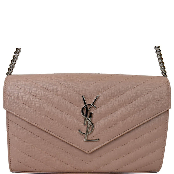 YVES SAINT LAURENT Monogram Grain De Poudre Chain Wallet Rose Pink