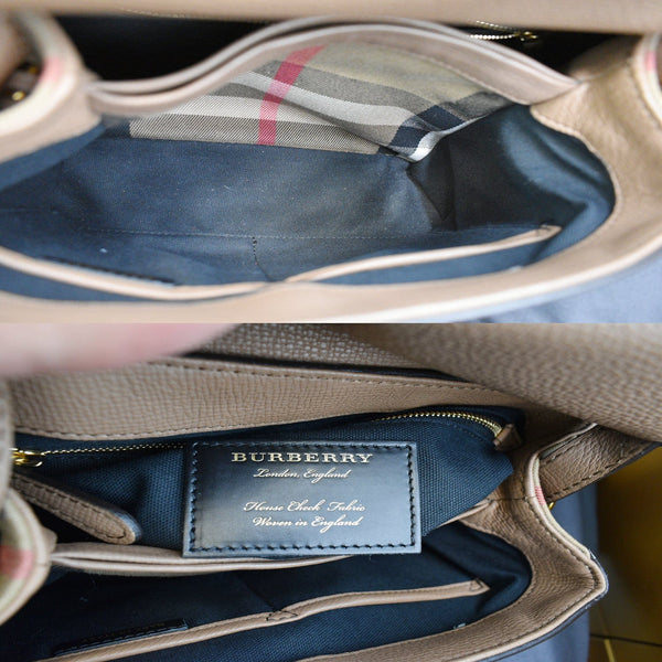 BURBERRY Medium Grainy House Check Leather Tote Shoulder Bag Dark Sand