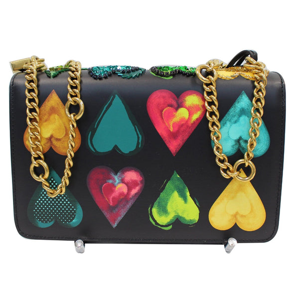VERSACE Hearts Embellished Leather Shoulder Bag Black