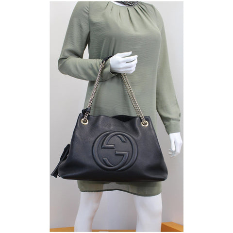 GUCCI Soho Pebbled Leather Chain Shoulder Bag 308982 Black