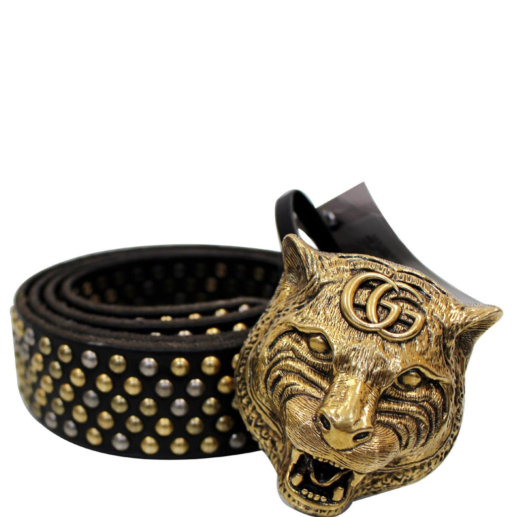GUCCI Feline Head Studded Leather Belt Black 451224 15% OFF