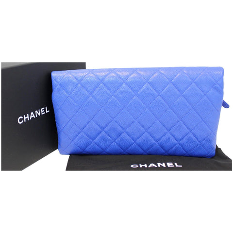 CHANEL Foldover Quilted Caviar Leather Clutch Bag Blue