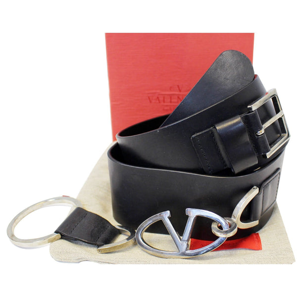 Valentino Logo Black Leather Belt Size 34-US