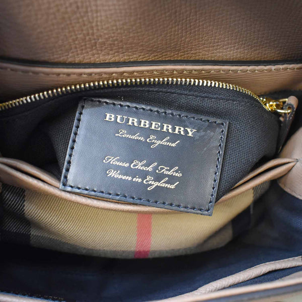 BURBERRY Banner Derby Small House Check Leather Tote Shoulder Bag Pale Taupe