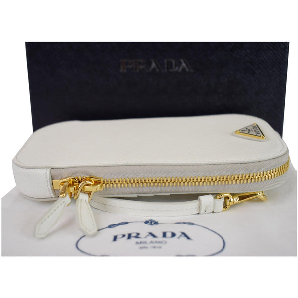 PRADA Saffiano Triangle Leather Crossbody Phone Pouch Bag White