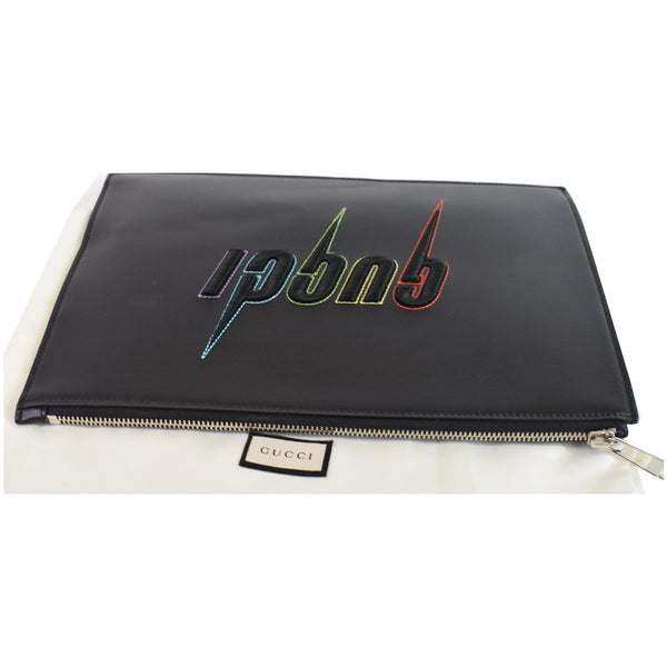 GUCCI Blade Embroidery Leather Wristlet Pouch Black 597678